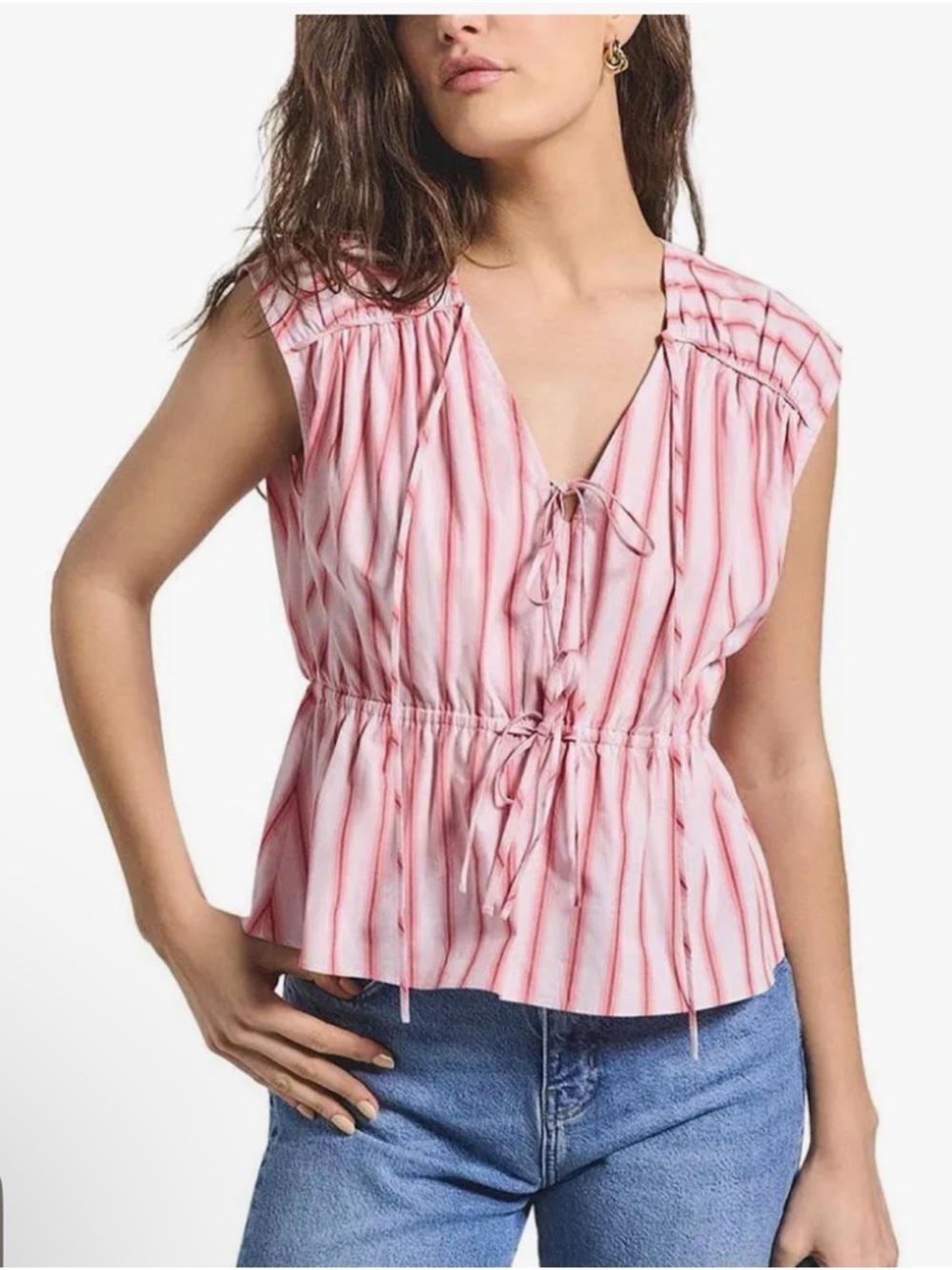 Derek Lam 10 Crosby Caroline Striped Cotton Tie-Front Peplum Top